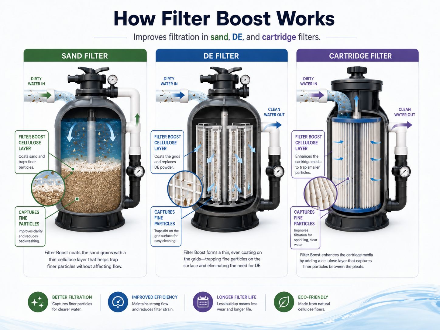 Cellulose fiber for pool filtration — how Filter Boost works in sand and D.E. filter systems